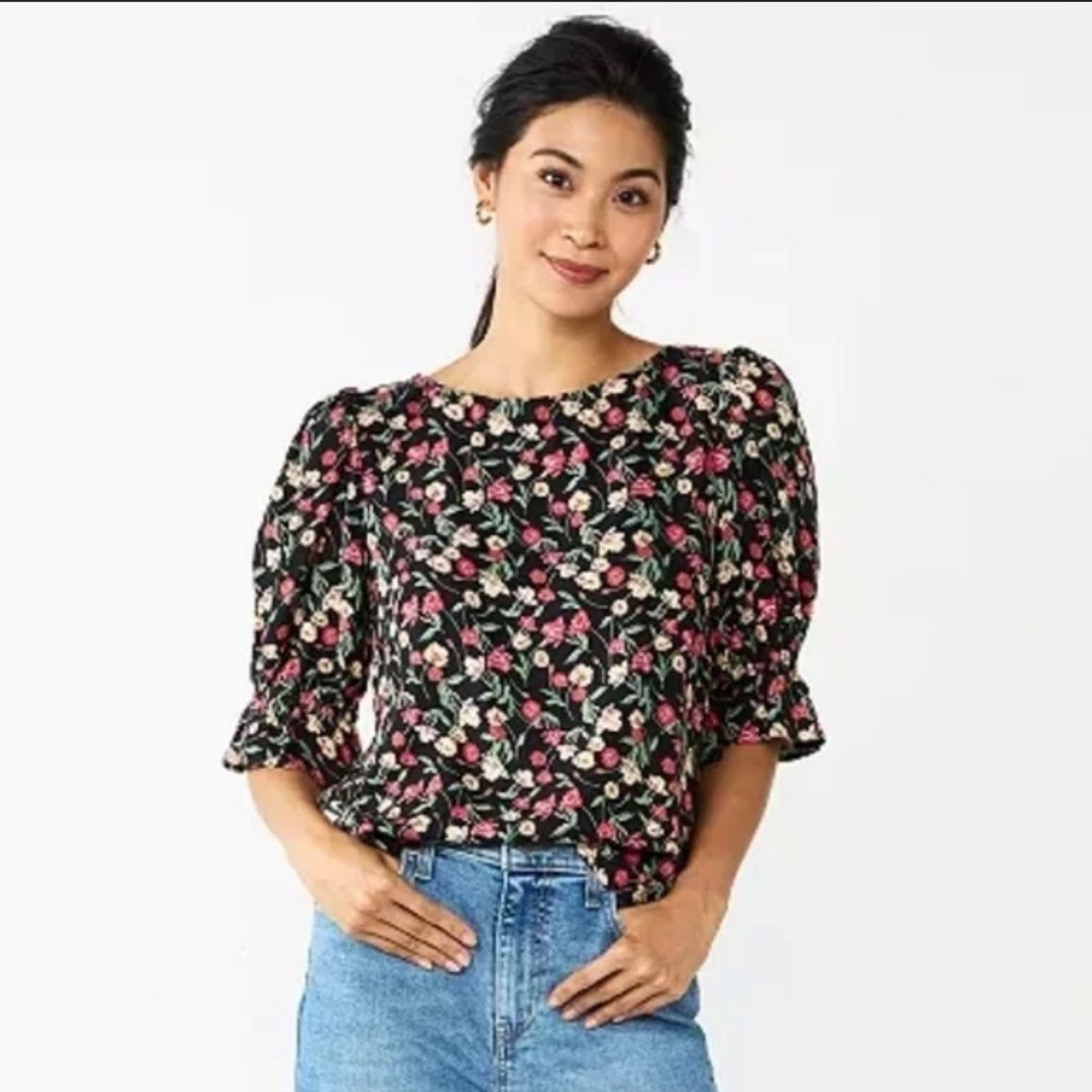 DRAPER JAMES RSVP Boho Red Floral Print Ruffle Sleeve Blouse Top